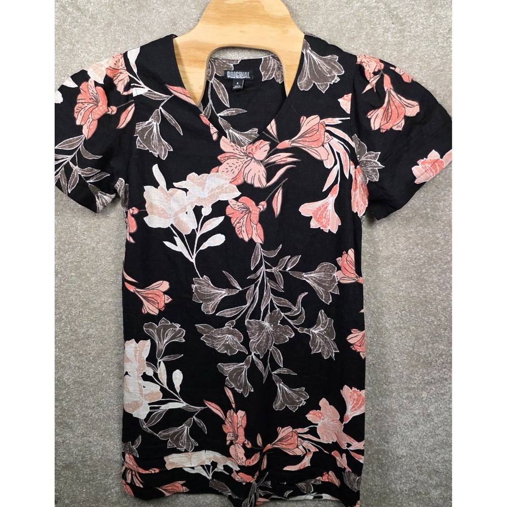 Nicole Miller Original Dress Womens Small Black Floral Linen Blend V-Neck Mini